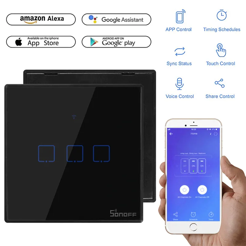 SONOFF WiFi Smart Wall Touch Switch T3 UK 3 Gang- Compatible With Alexa, Google Assistant - Black Color