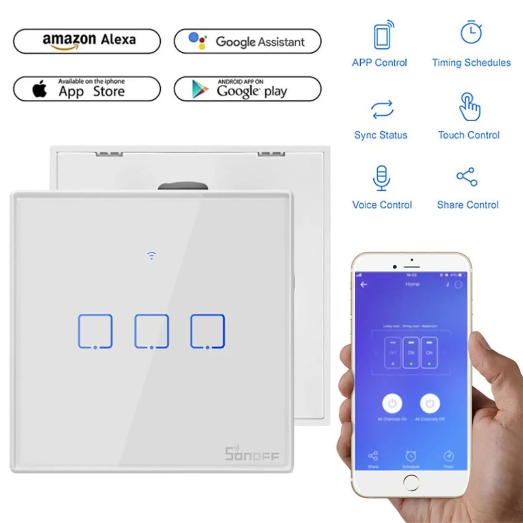 SONOFF WiFi Smart Wall Touch Switch T3 UK 3 Gang- Compatible with Alexa, Google Assistant- White Color