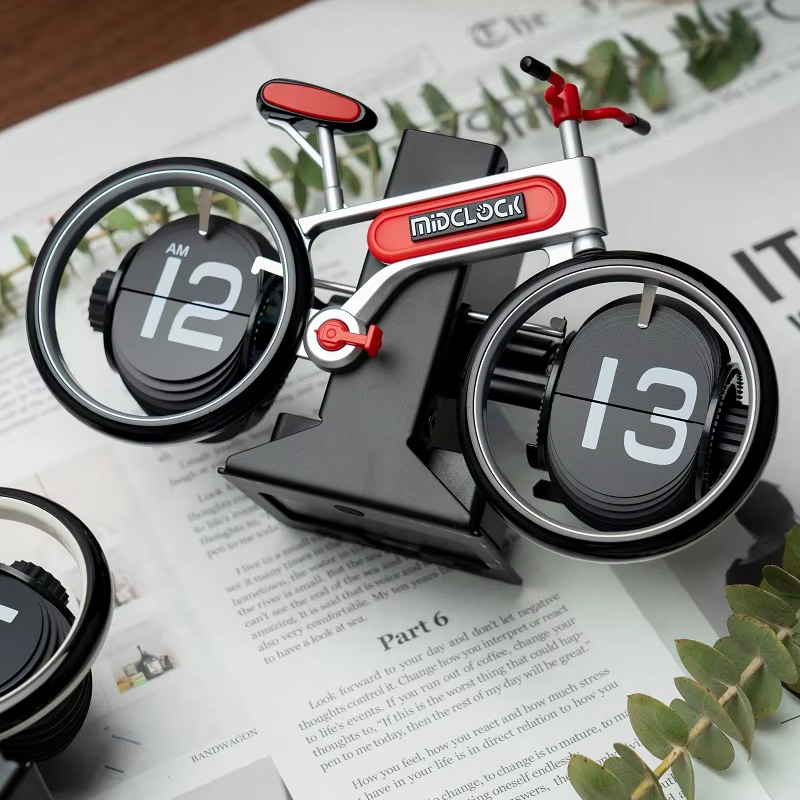 MidClock HY-F117 Unique Bicycle Vintage Flip Desk Clock - White + Red Color