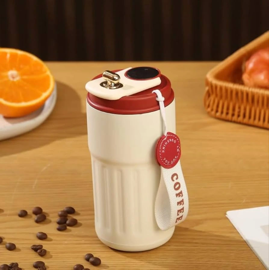 Smart Coffee Cup Made with Stainless Steel  and LED Temperature Display (450ml )- Red Color