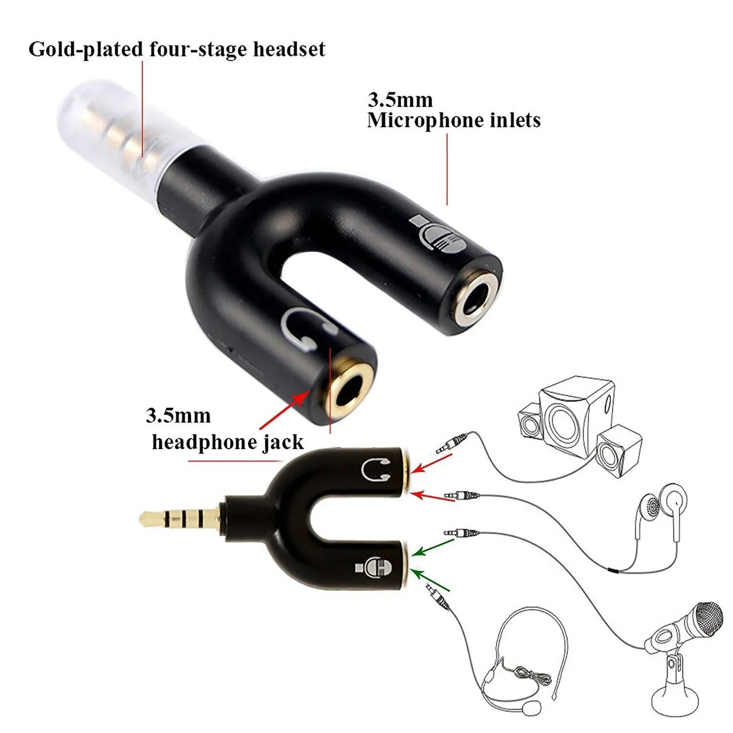 U-Shape Converter- 3.5mm Audio Splitter For Headphone and Microphone- Black