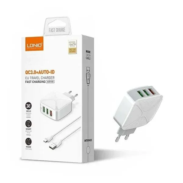 LDNIO A3310Q QC3.0 3-Port Wall Charger With Type C / Micro / Lightning Cable