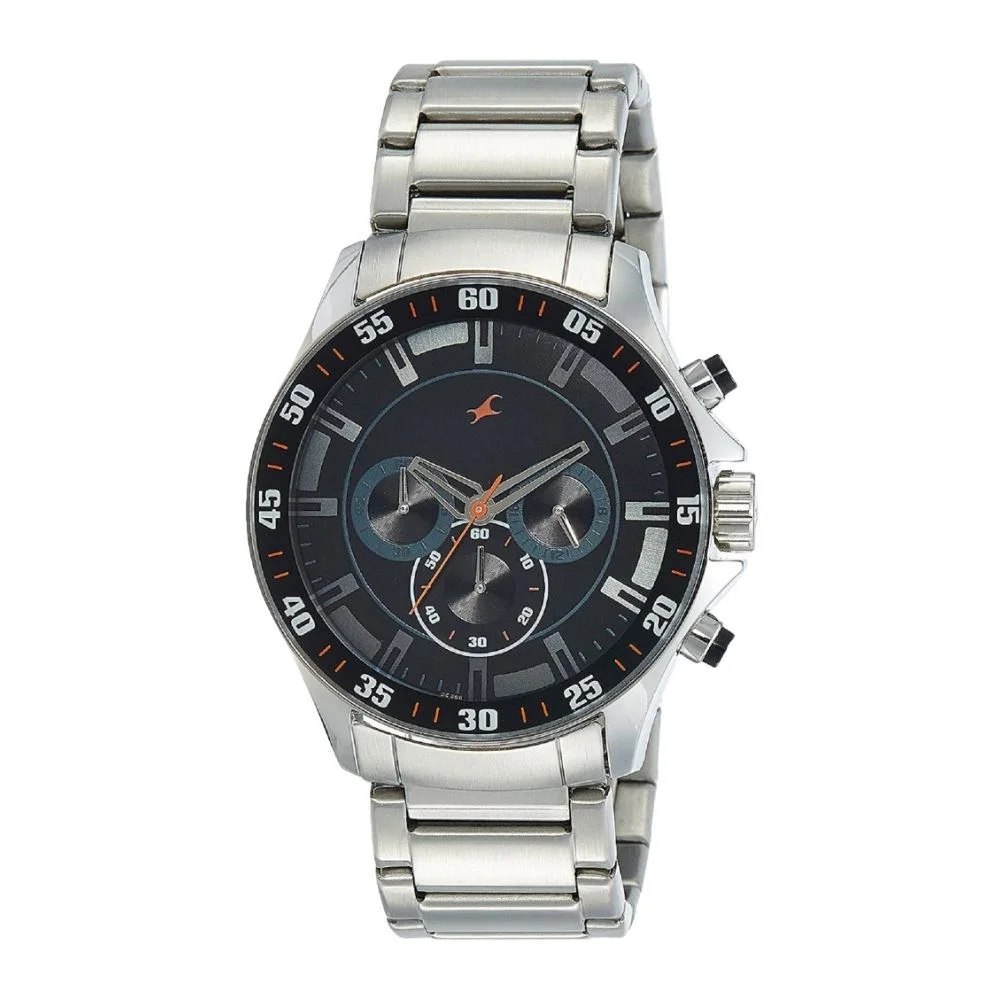Fastrack NS3072SM04 Big Time Quartz Chronograph Black Dial Metal Strap Watch for Guys