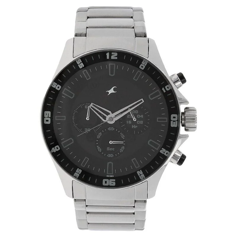 Fastrack NS3072SM01 Big Time Quartz Chronograph Black Dial Stainless Steel Strap Watch for Guys