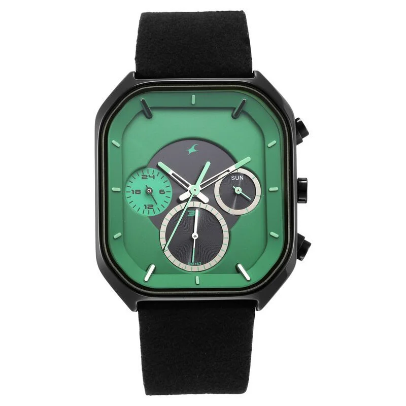Fastrack NS3270NL01 After Dark Quartz Analog with Day and Date Green Dial Leather Strap Watch for Guys