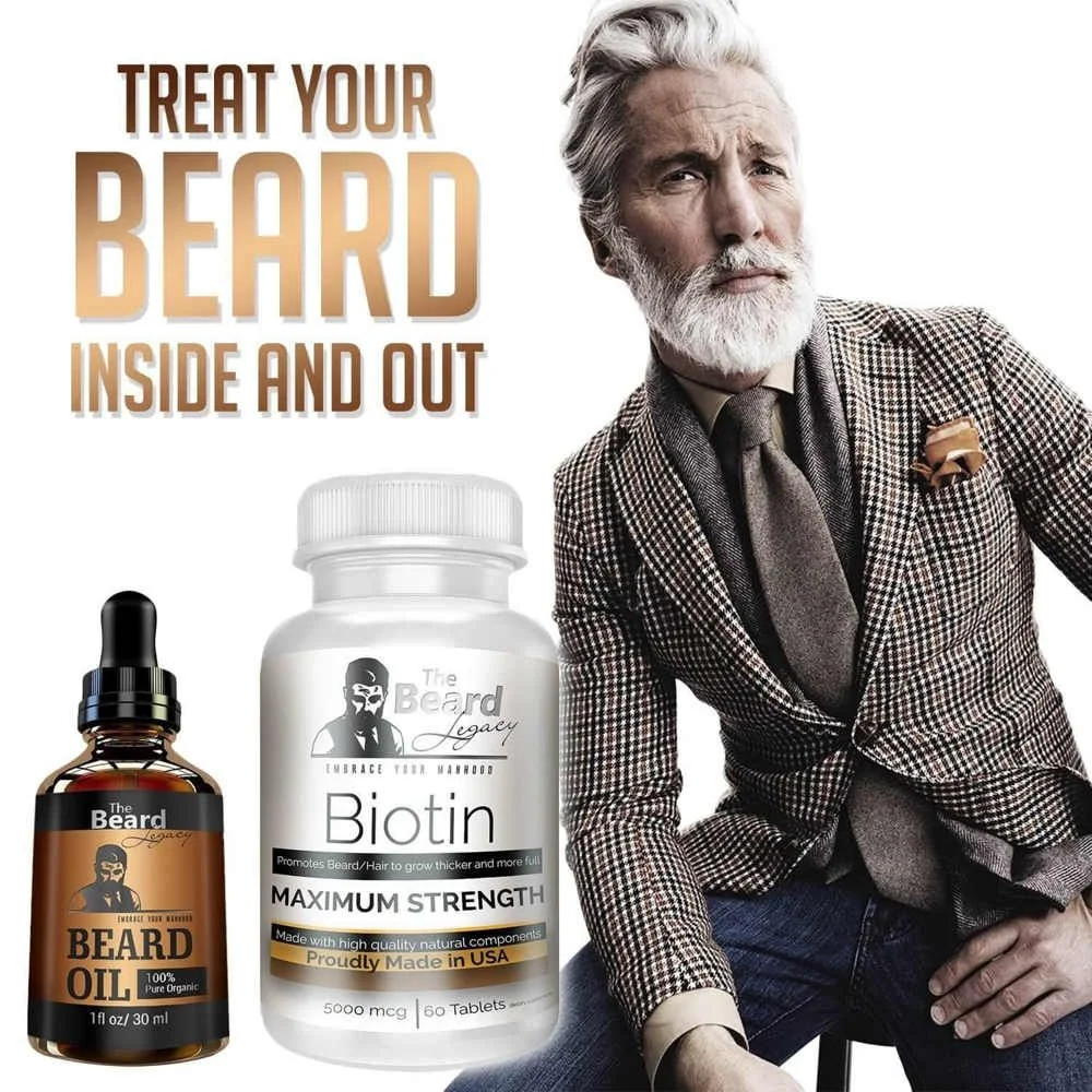 BEARD GROWTH KIT - Biotin No.1 Beard Supplement/Vitamin. For Thicker and Fuller Facial Hair + Beard Oil Unscented Made of Argan/Jojoba Oil