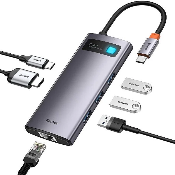 Baseus 6-in-1 USB Type C Hub For MacBook, Laptops (4K HDMI, 100W PD Charging, 3 USB 3.0 Ports, 1000Mbps Ethernet Port Adapter)