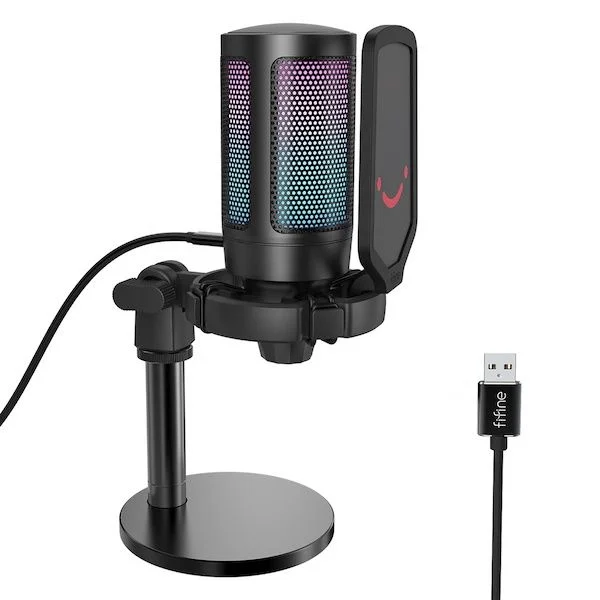RGB Gaming USB Microphone for PC, PS5- Fifine Ampligame A6 RGB USB Microphone with Volume, Mute Button for Gamers, Streaming and YouTube Studios - Body Color Pink