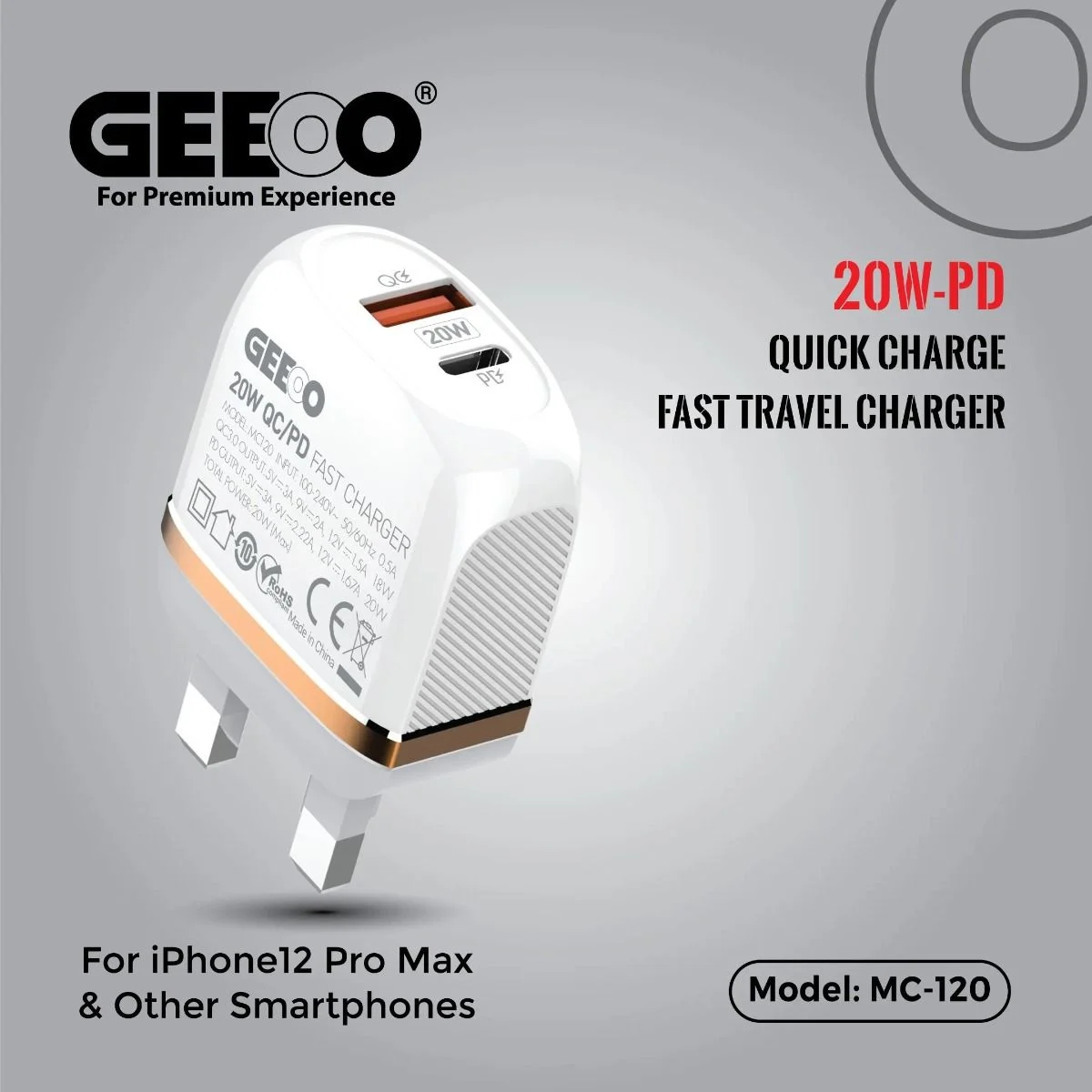 Geeoo MC-120L 20W PD+QC Dual Port Lightning Wall Charger