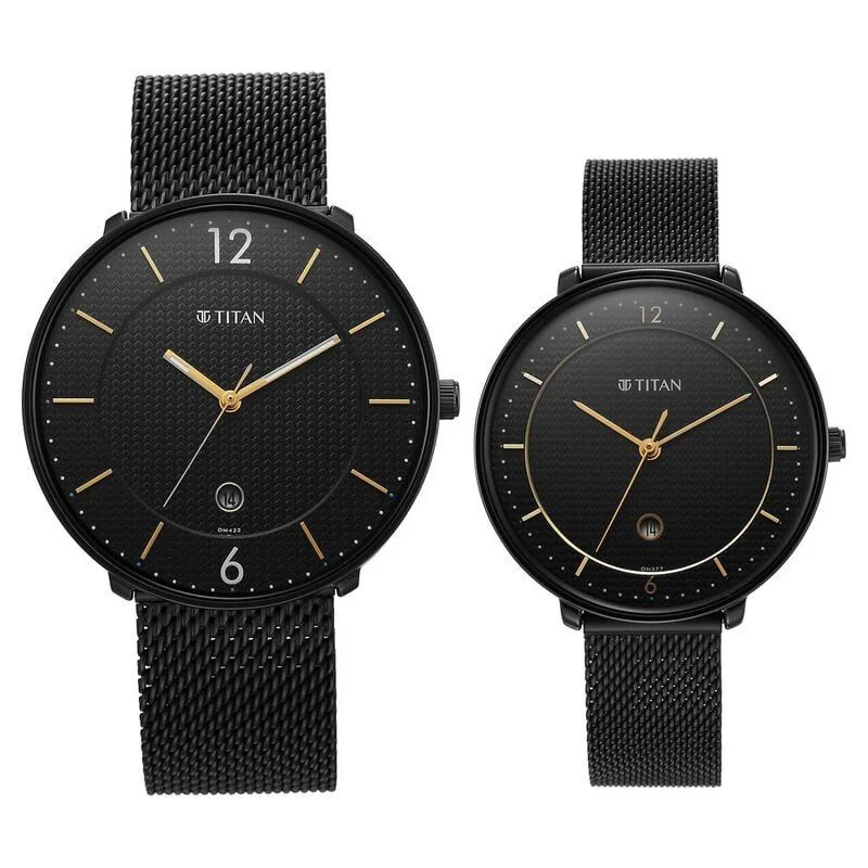Titan NS18492651NM01P  Bandhan Black Dial Stainless Steel Strap Couple Watch