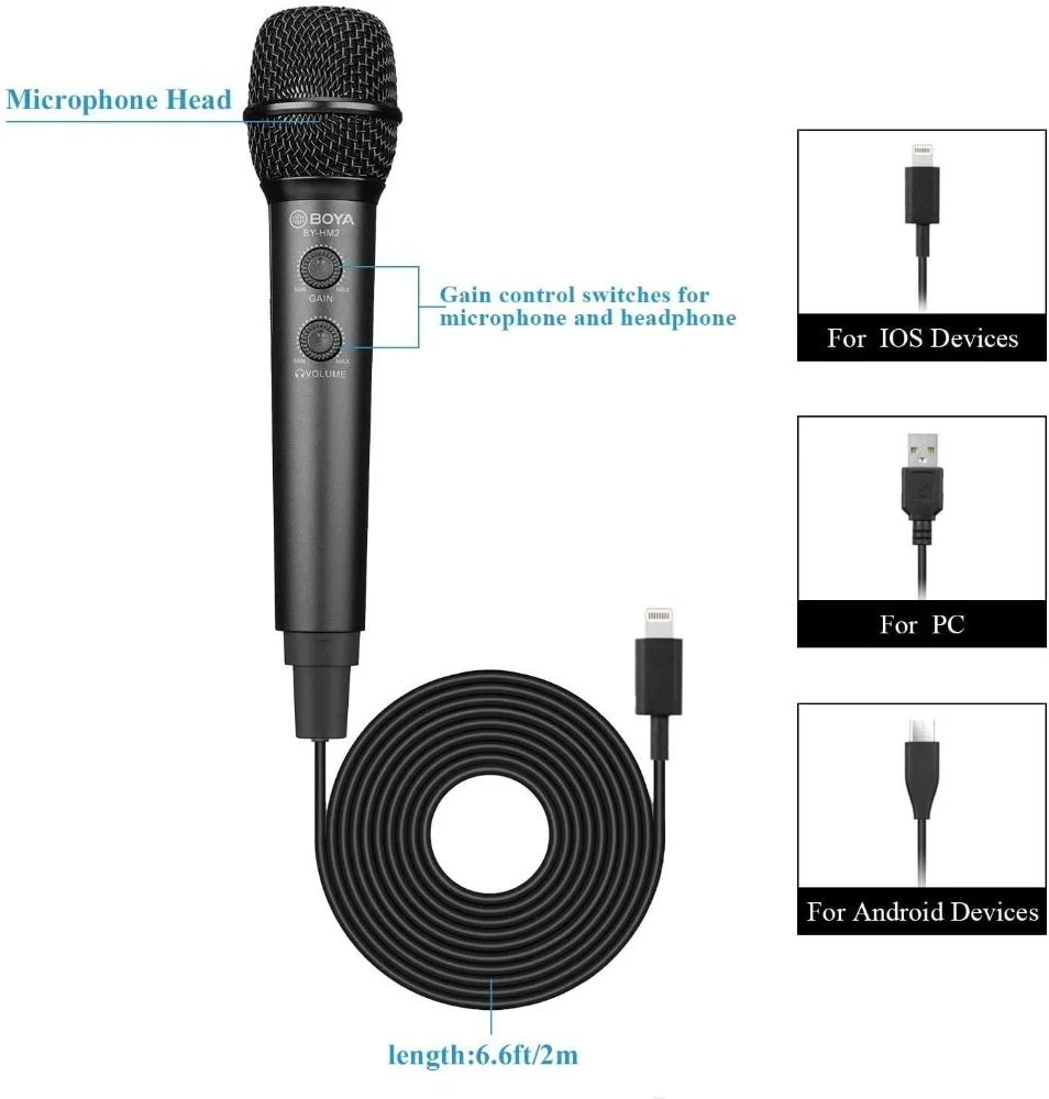 BOYA HM2 Digital Handheld Microphone (with Mini Tripod / USB Type-C / USB-A / Lightning Audio Cables Included)