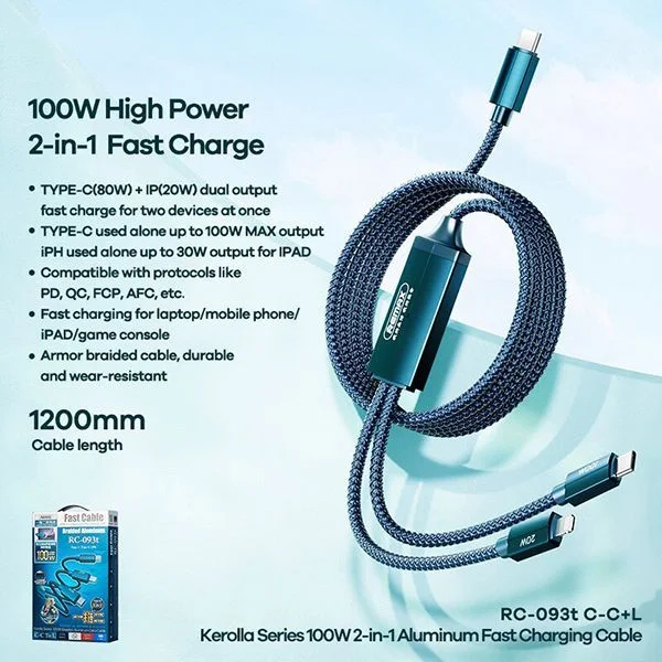 REMAX Kerolla Series 100W Aluminum Fast Charging Cable RC-093t (type C-type C+Lightning)