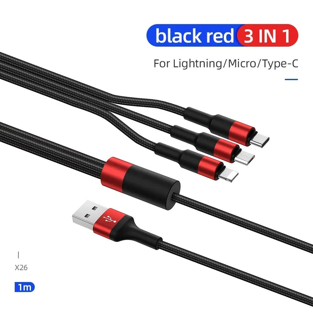 Hoco X26 Xpress 3 In 1 Charging Cable (Lightning+Micro+Type-C) ? Black &amp; Red