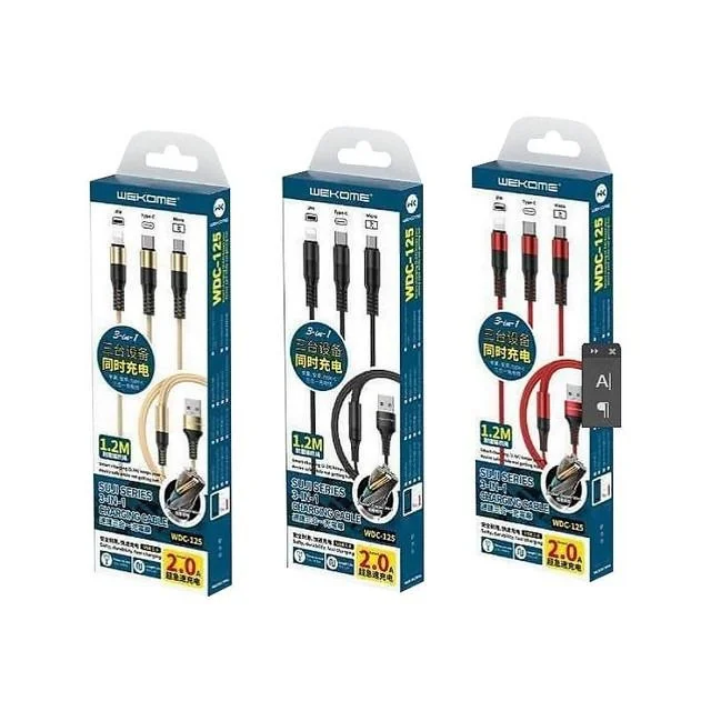 WK WDC-125 2.0A 3 in 1 USB to 8Pin + Micro USB + Type-C Speedy Series Charging Cable
