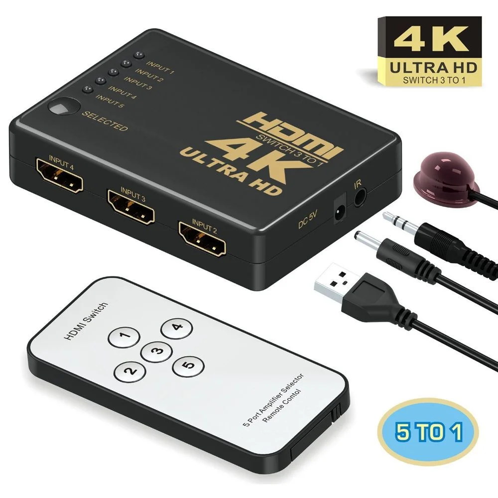 5 Ports HDMI Switch Supports 4K, Full HD1080p, 3D with IR Remote