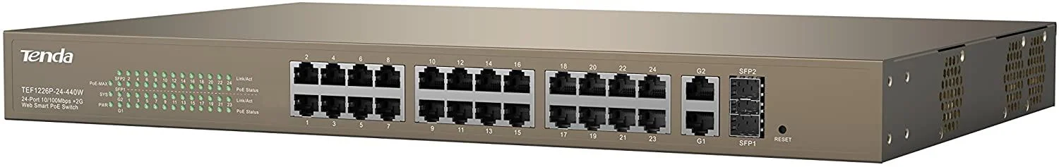 Tenda 24-Port Fast Ethernet PoE+ Web Smart Switch with 2GbE + 2 Combo SFP Ports, 370W (TEF1226P)