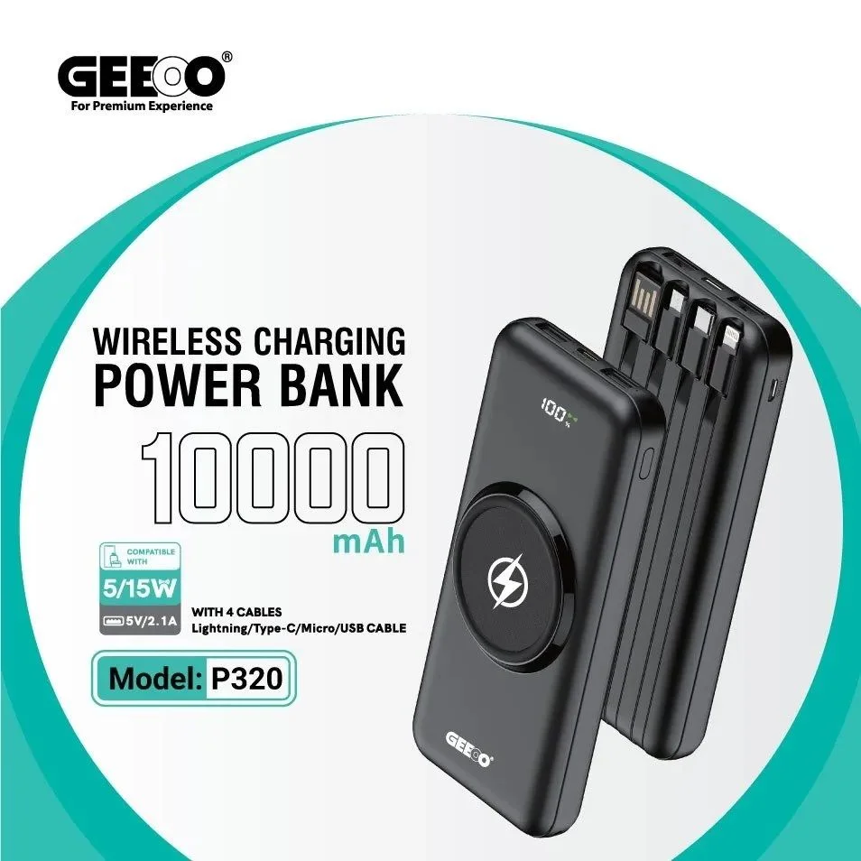 Geeoo P320 10000mAh Wireless Power Bank with Attached Cable