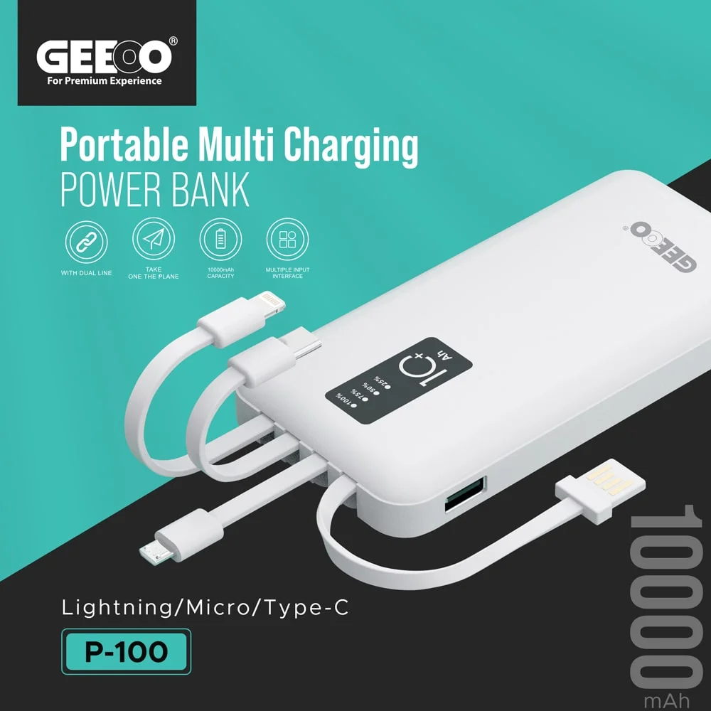 Geeoo P100 10000mAh Power Bank With Attached Cable-Black