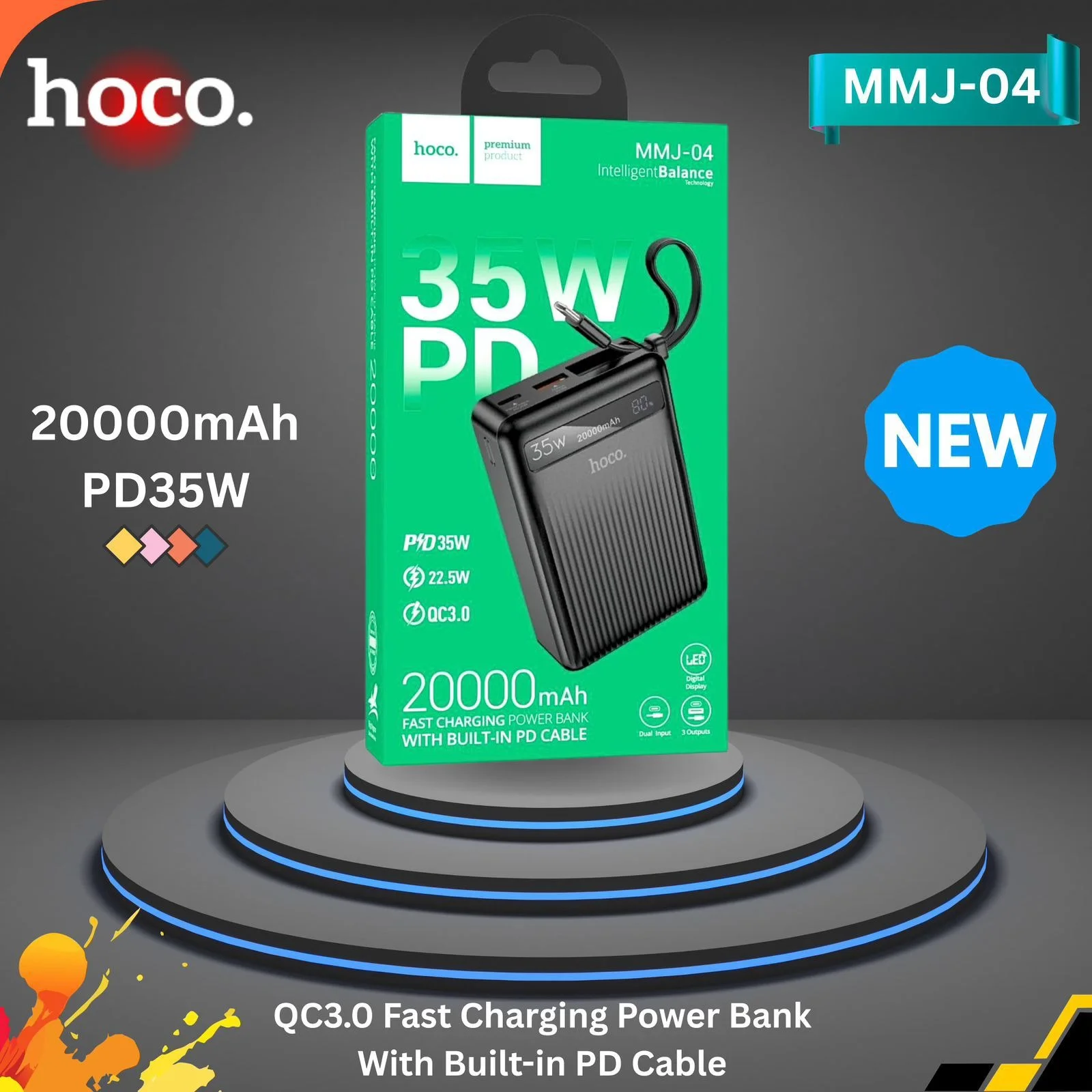 Hoco MMJ-04 20000mAh 35W PD Fast Charging Power Bank with Built-in Type-C Cable