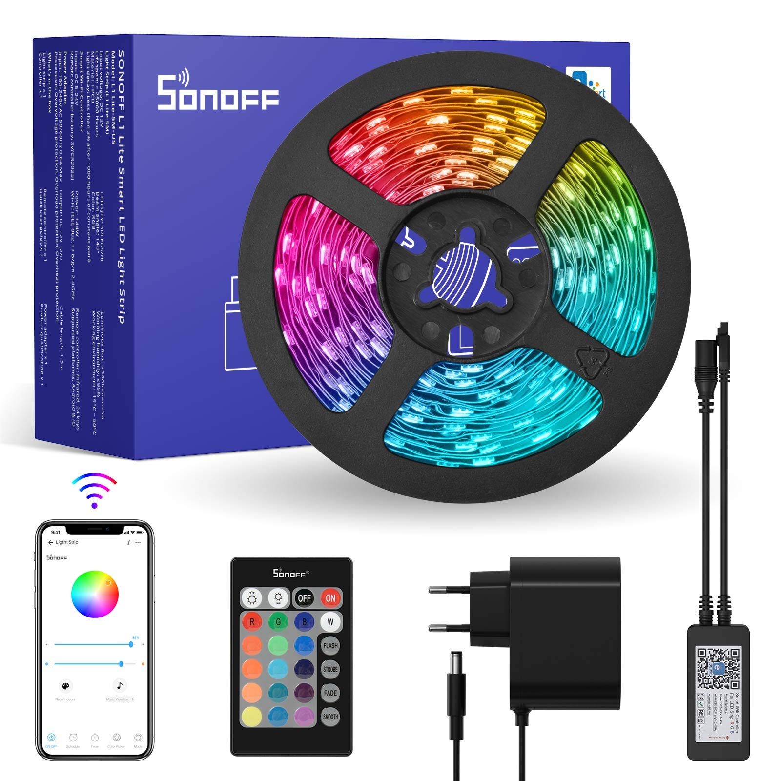 WiFi RGB LED Strip Light- Work With Alexa, Google Home, Dance With Music (5M, Sonoff L1 Lite)