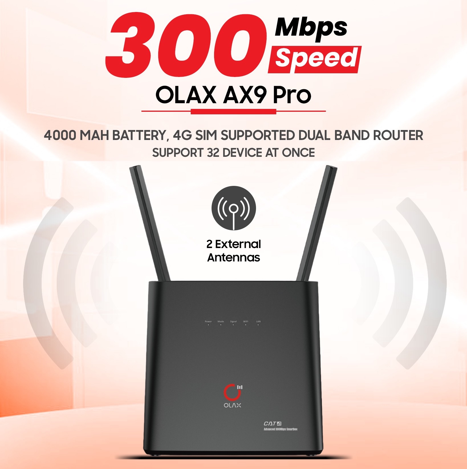 OLAX AX9 Pro 300Mbps 4G SIM Supported WiFi Router with 4000mAh in Built Battery