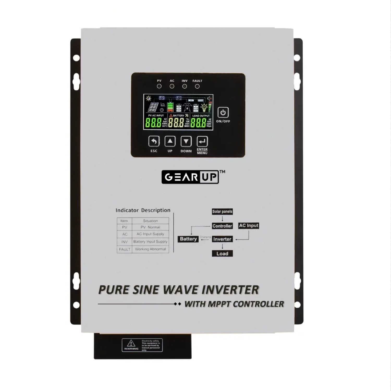 GearUP 1200W, 24V, Pure Sine Wave Solar Inverter With 40A MPPT Charge Controller (Lithium & Acid Battery Supported) - GHT-12K24 Plus