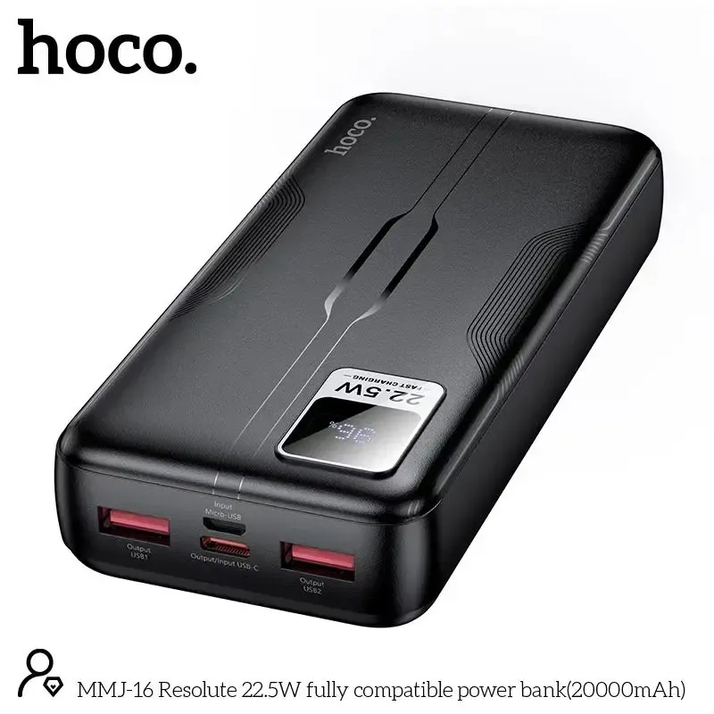Hoco MMJ-16 Resolute Power Bank 20000mAh high-speed USB-A USB-C HOCO Hoco MMJ-16 Resolute Power Bank 20000mAh – 22.5W Fast Charge, Fully Compatible, Digital Display