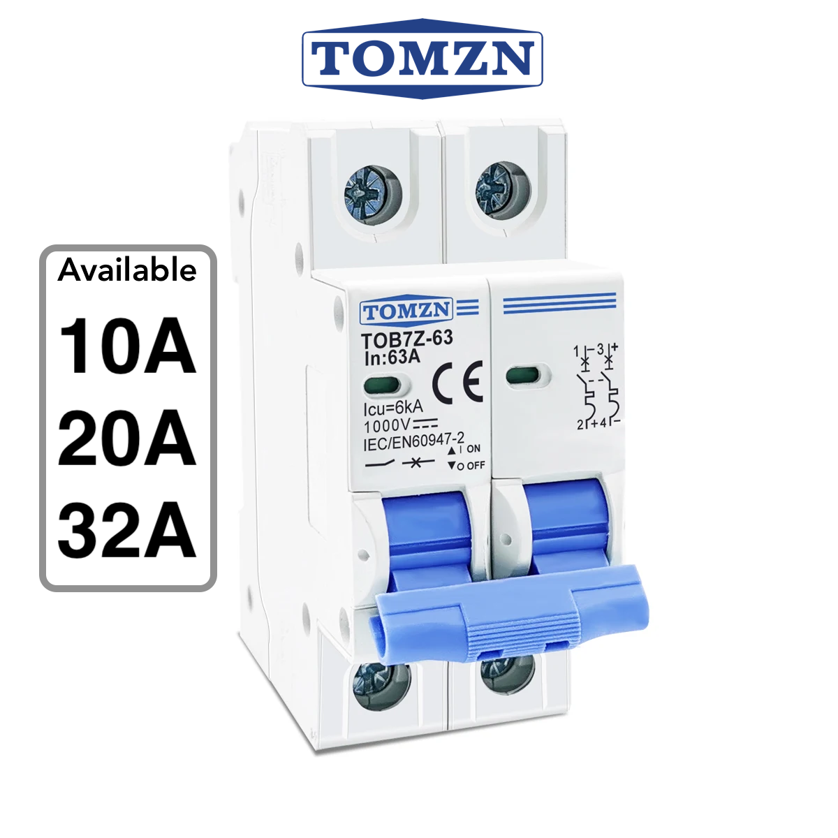 TOMZN 2P DC Circuit Breaker 10A, 20A- 12V-1000V Wide RangeDC MCB for PV System (TOMZN TOB7Z-63)