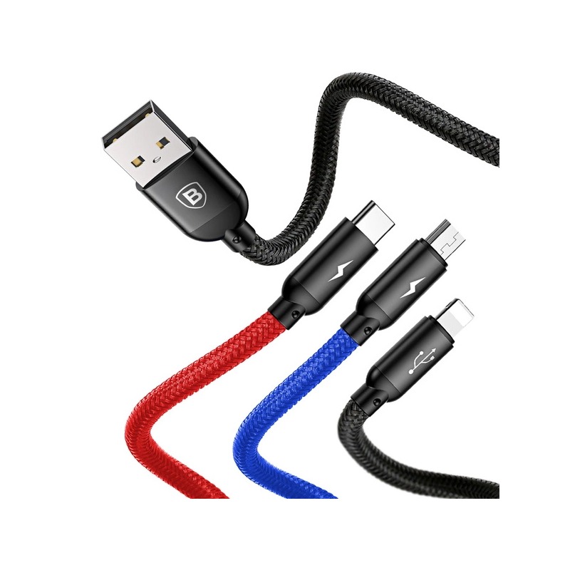 Baseus 3.5A Three Primary Colors 3-in-1 1.2m USB Cable For M+L+T–Black (CAMLT-BSY01)