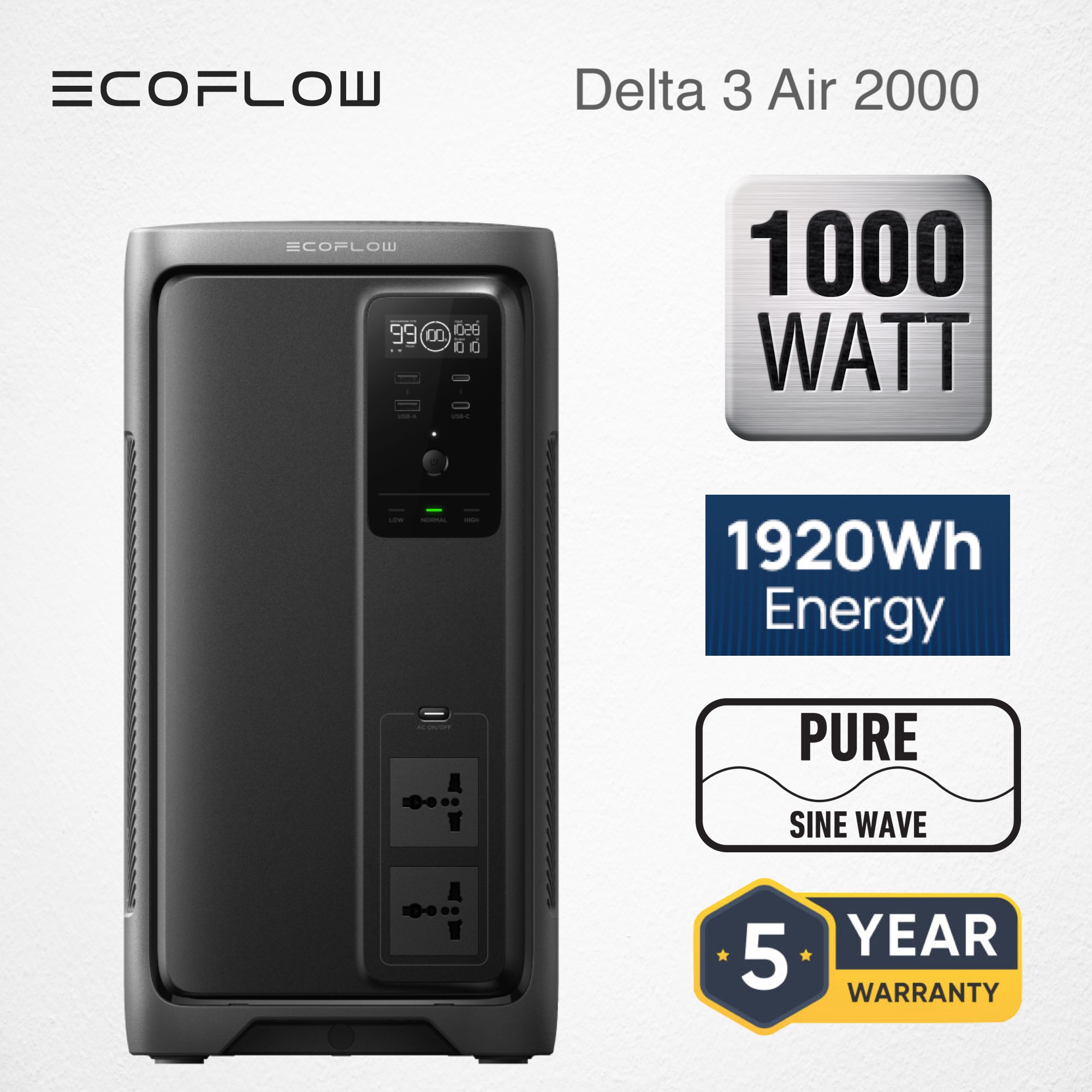 EcoFlow DELTA 3 Air 2000 - Pure Sine Wave 1000W, 1920Wh Portable Solar Power Station (10ms UPS)