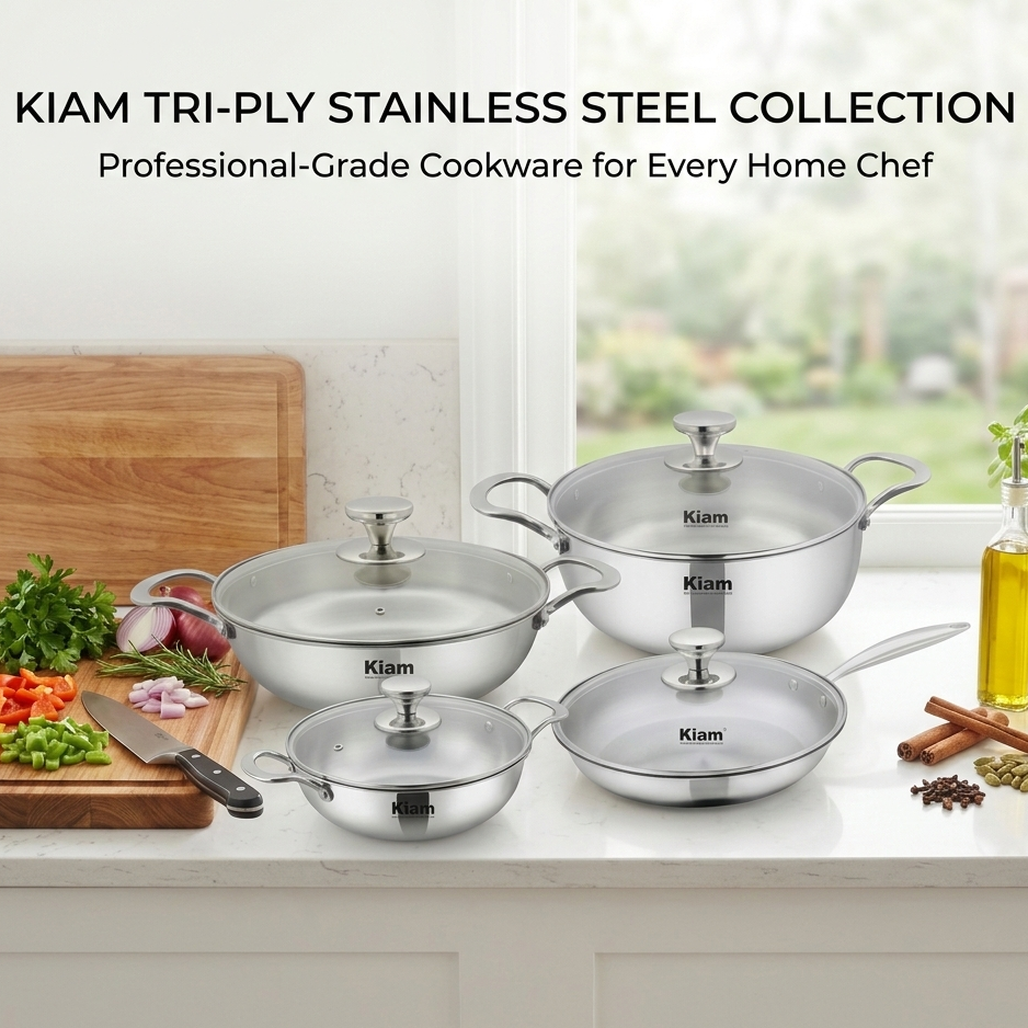 KIAM NATURAL TRI-PLY STAINLESS STEEL COOKWARE 7-PIECE SET