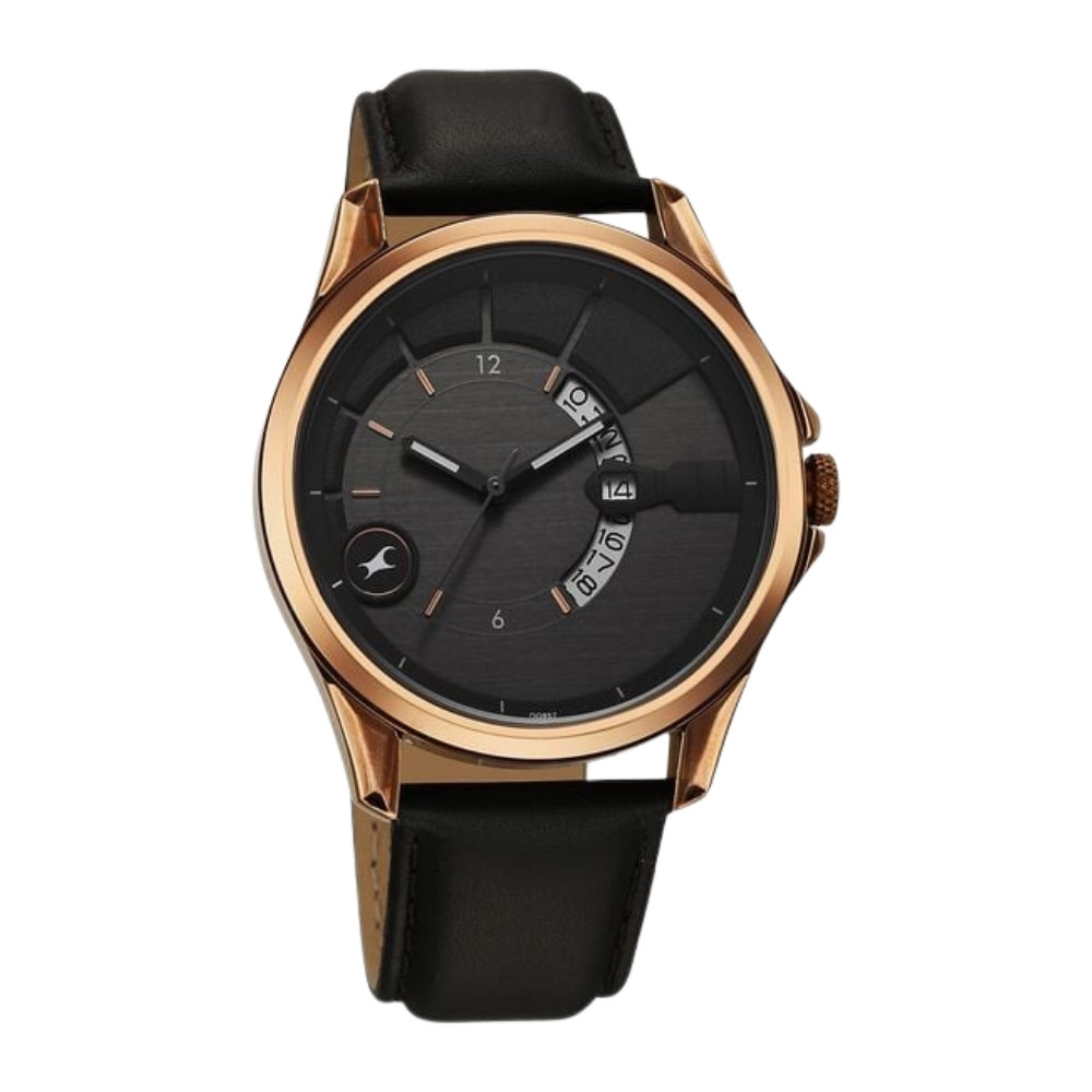 Fastrack Groove Quartz Analog with Date Grey Dial Black Leather Strap Watch For Guys (3323QL02)