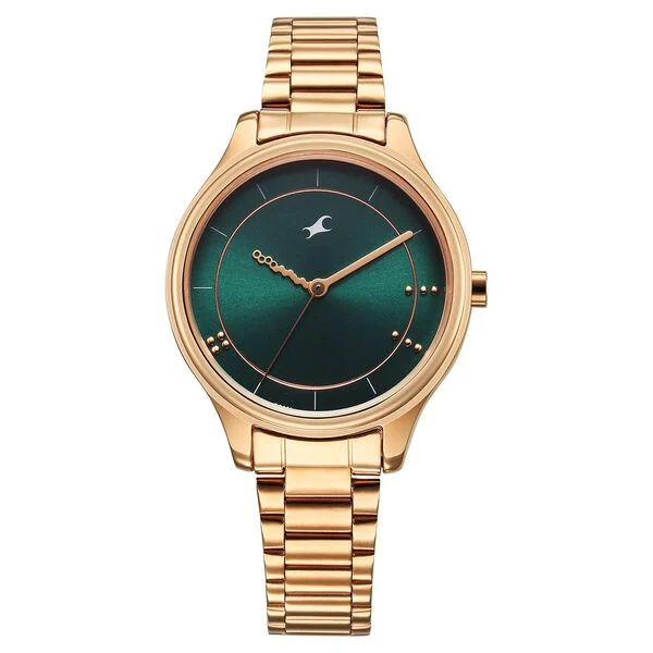 Fastrack Stunners Quartz Analog Green Dial Rose Gold Metal Strap Watch- 6296WM02
