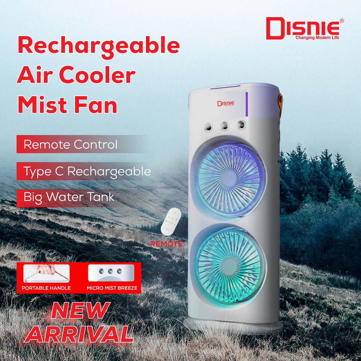 Disnie DRMF-63USB Rechargeable Double Head Portable Mini Air Cooling Mist Fan