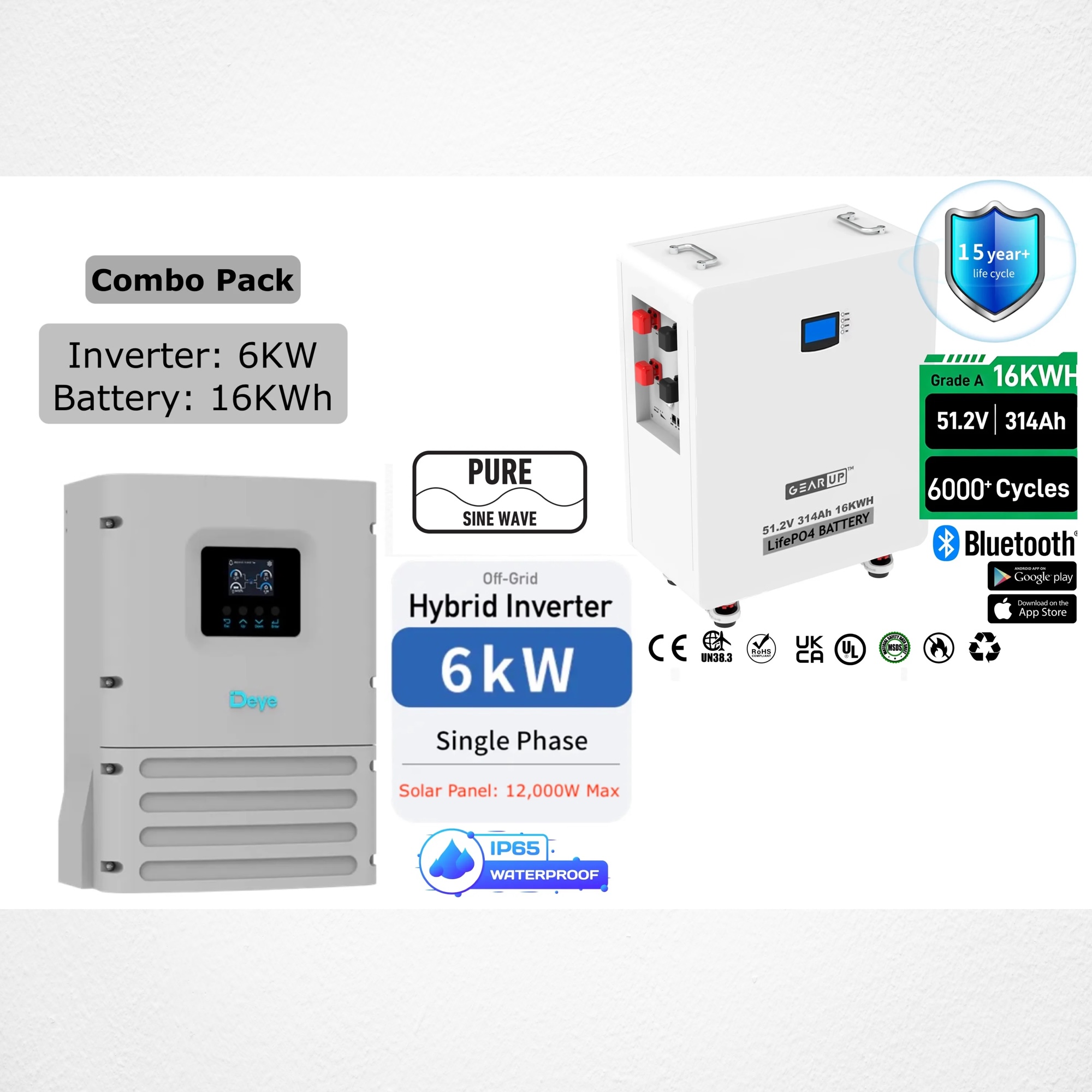 Deye 6KW Solar Inverter + GearUP 16KWh Lithium Battery Combo Pack