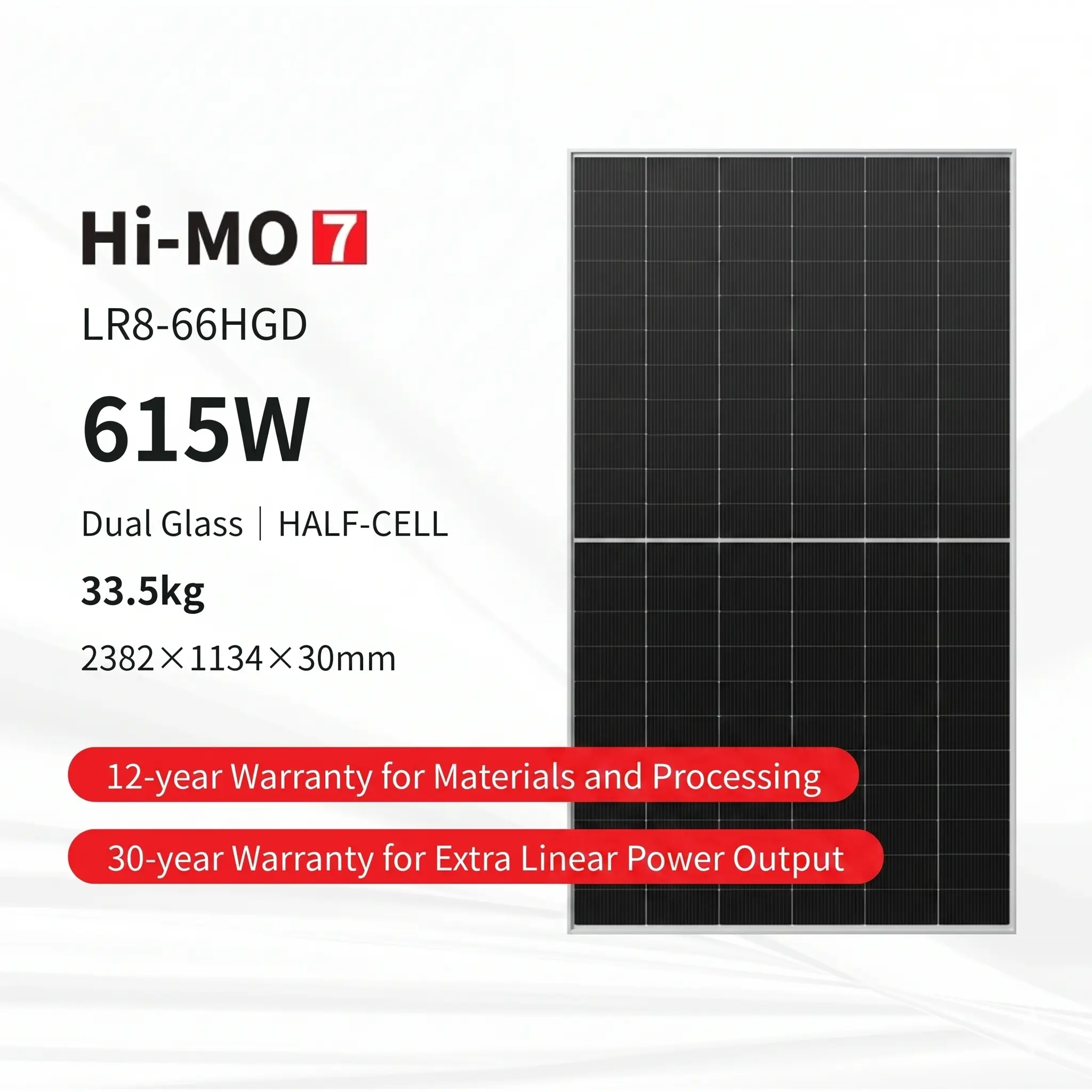 LONGI Solar Hi-MO 7 LR8-66HGD-615M Bifacial  Double Glass High-Efficiency Solar panel 615W