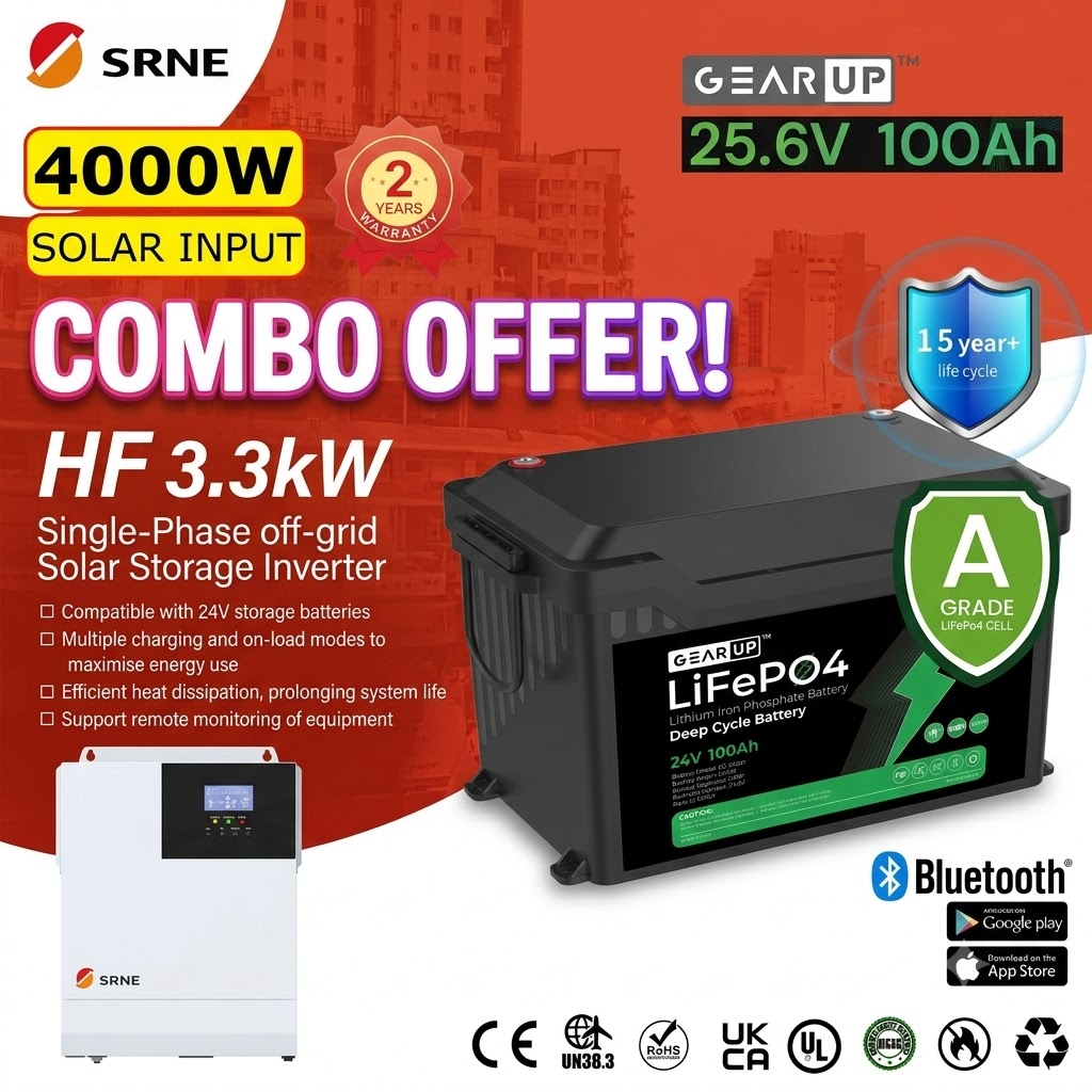 SRNE 3.3KW Off-Grid Hybrid Solar Inverter (4000W Solar Support) + GearUP 24V, 100Ah Lithium Battery Combo (1st Slot)