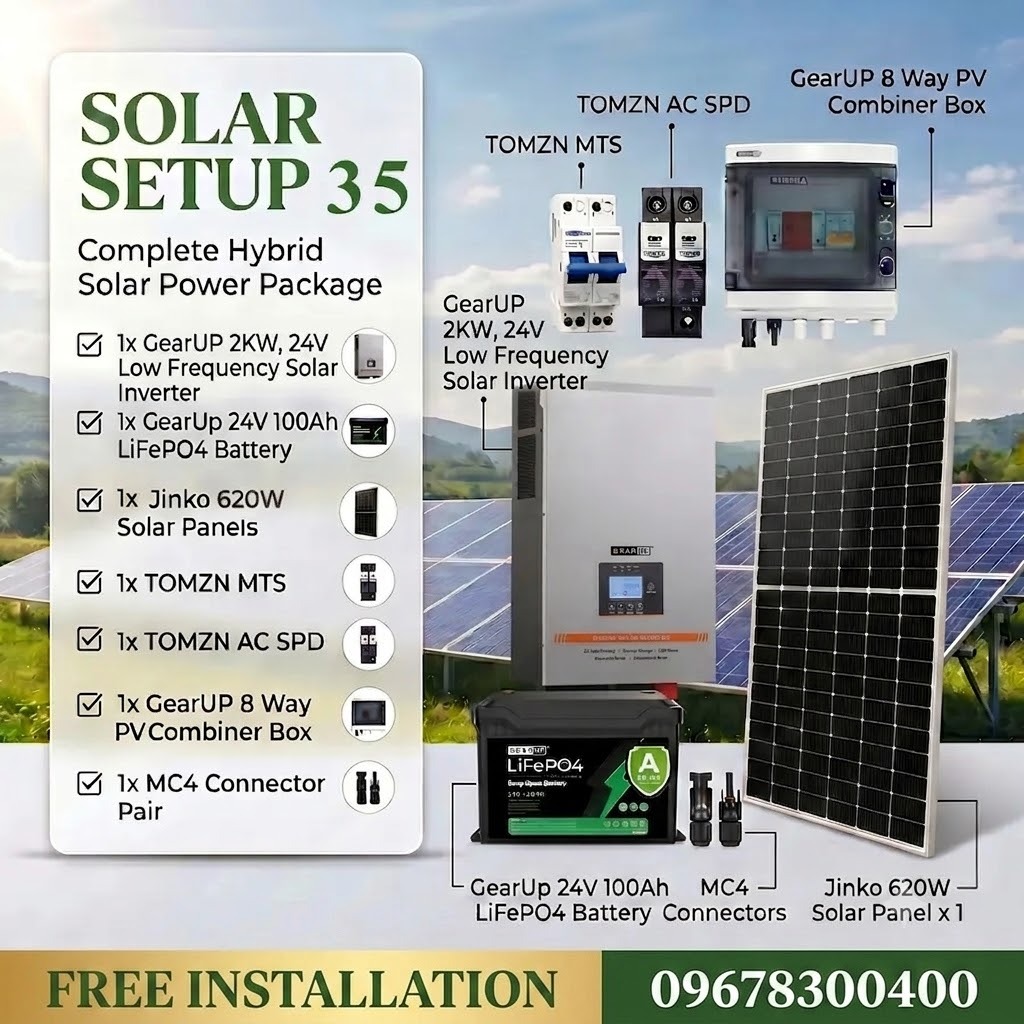 GearUP 2KW 24V Low Frequency Solar Inverter + 24V, 100Ah Lithium Battery + Jinko 620W Solar Panel 1 pc and more  (Solar Setup - 35)
