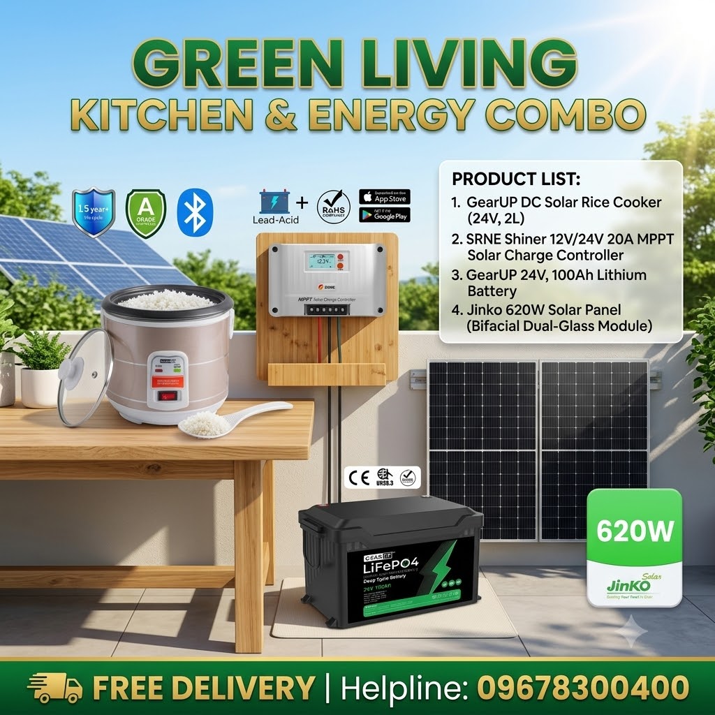 DC Solar Kitchen Combo -1 | GearUP 24V Rice Cooker, GearUP 24V 100Ah LiFePO4 Battery, Jinko 620W 1pcs Panel &amp; SRNE SRNE Shiner 12V/24V 20A MPPT Controller
