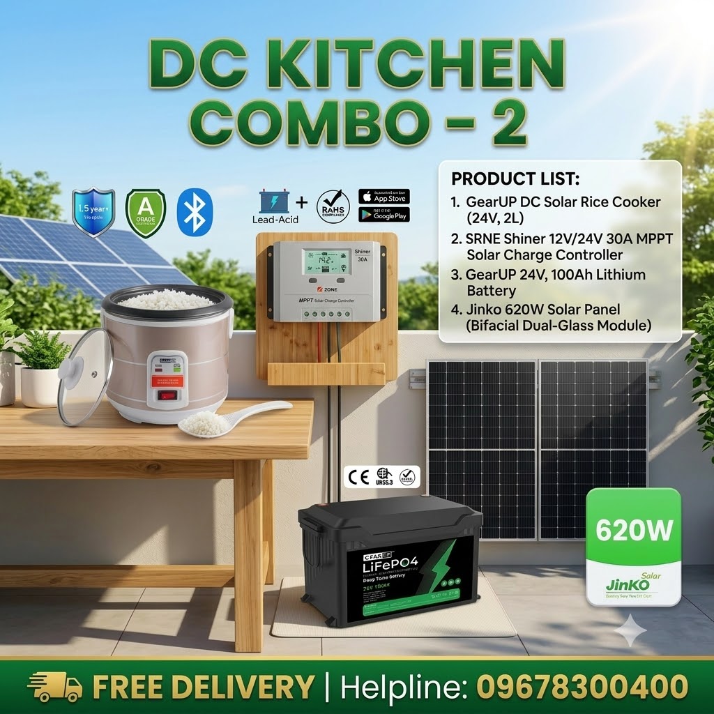 DC Solar Kitchen Combo -2 | GearUP 24V Rice Cooker, GearUP 24V 100Ah LiFePO4 Battery, Jinko 620W 1pcs Panel &amp; SRNE SRNE Shiner 12V/24V 30A MPPT Controller