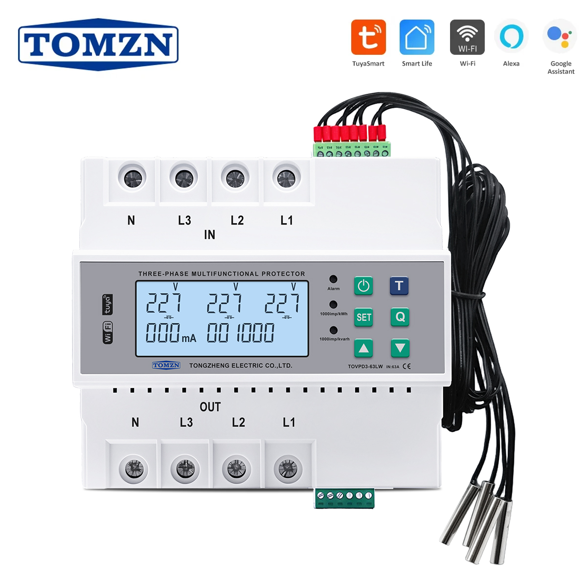 Three Phase WiFi Circuit Breaker - Smart Protector with Voltage Current Power Energy Temperature Measurement (TOMZN TOVPD3-63LW)