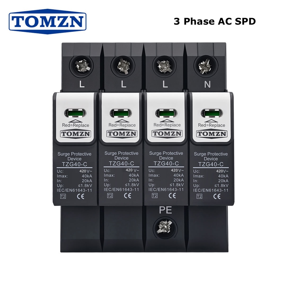 TOMZN 3 Phase 4 Pole AC SPD (Surge Protective Device) - TZG40-C (20KA-40KA) 420V