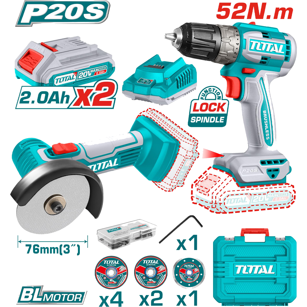 Total TCKLI20278 Li-ion Cordless (Drill Plus Mini AG) 2 Pcs Combo Kit 2.0Ah Batteries 2x (20V)