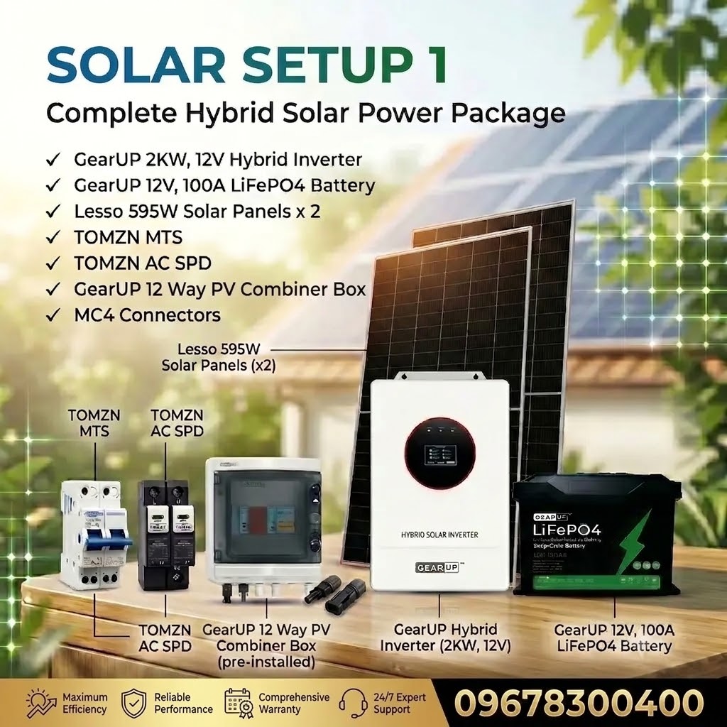 Hybrid Solar Power Package | GearUP 2KW Inverter, 12V 100Ah LiFePO4 Battery & 2x Lesso 595W Panels ( Solar Setup - 1)