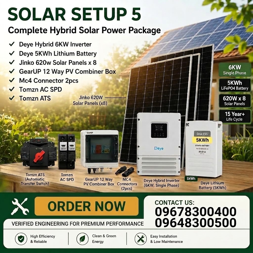 6KW Hybrid Solar System Package | Deye 6KW Inverter, 5KWh Lithium Battery with 8 Jinko 620W Panels (Solar Package 5)