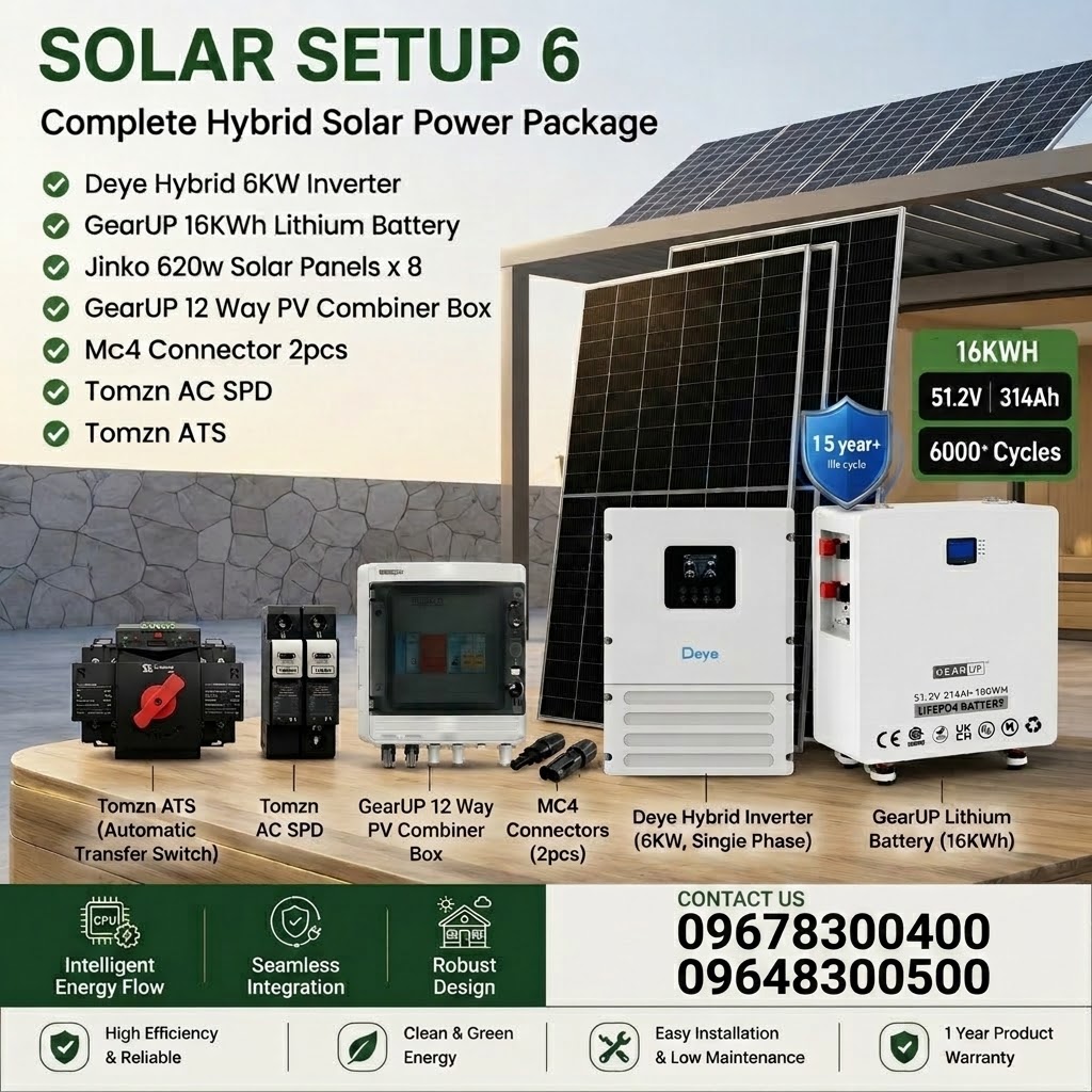 6KW Hybrid Solar Power Package | Deye Inverter with GearUP 16KWh Battery &amp; Jinko 620w 8pcs Panels(Solar Setup - 6)