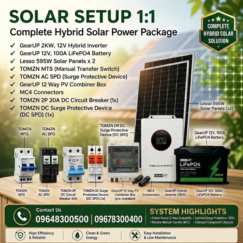 GearUP 2KW Hybrid Solar Power Package (Solar Setup 1:1) | GearUP 2KW Inverter, GearUP 12V 100A battery, Lesso 595W Panels  &amp; TOMZN Protection Devices