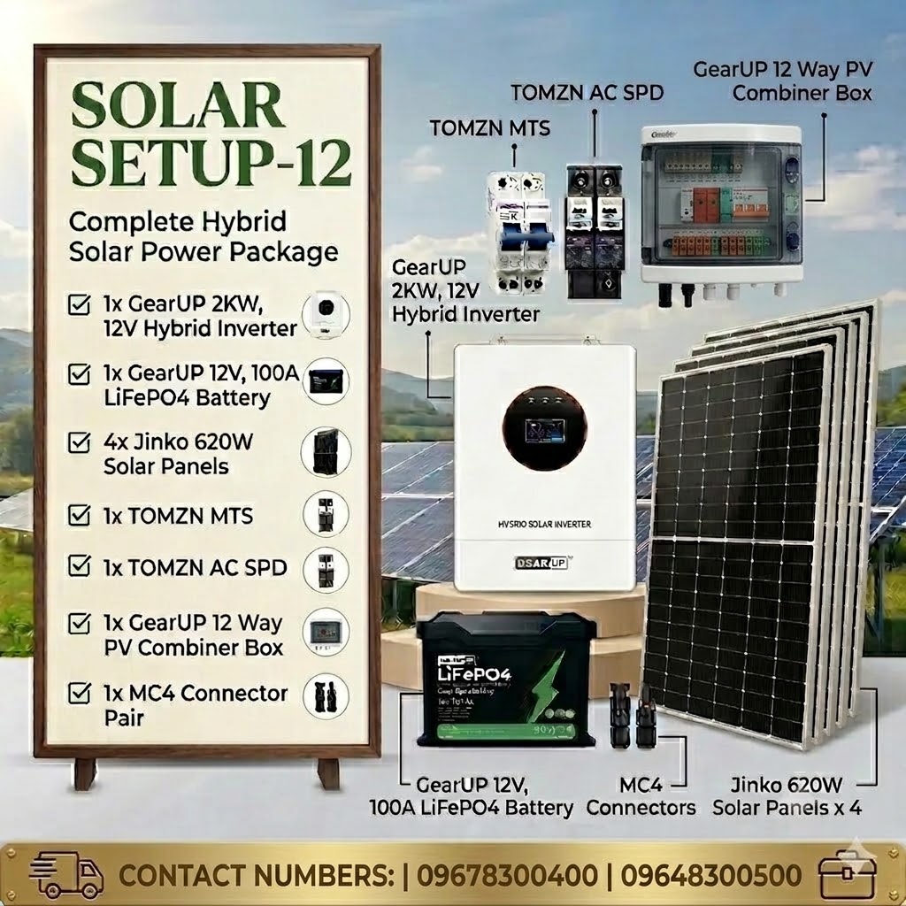 GearUP 2KW Hybrid Solar Power Package | GearUP 2KW Hybrid Inverter &amp; 4 Jinko 620W Solar Panel ( Solar Setup - 12)