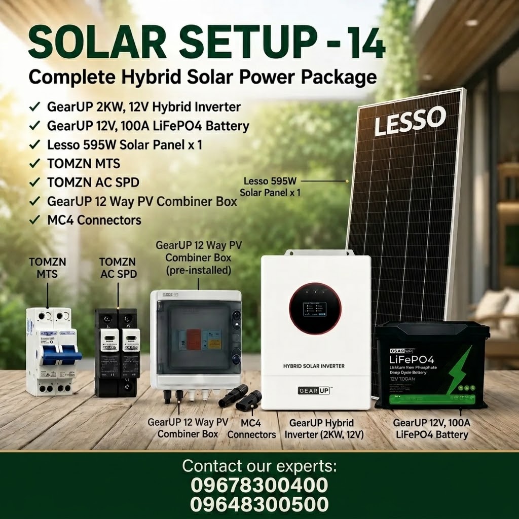 GearUP 2KW Hybrid Solar Power Package | GearUP 2KW Hybrid Inverter, 12V 100Ah Battery &amp; 1 Lesso 595W Panel ( Solar Setup - 14)