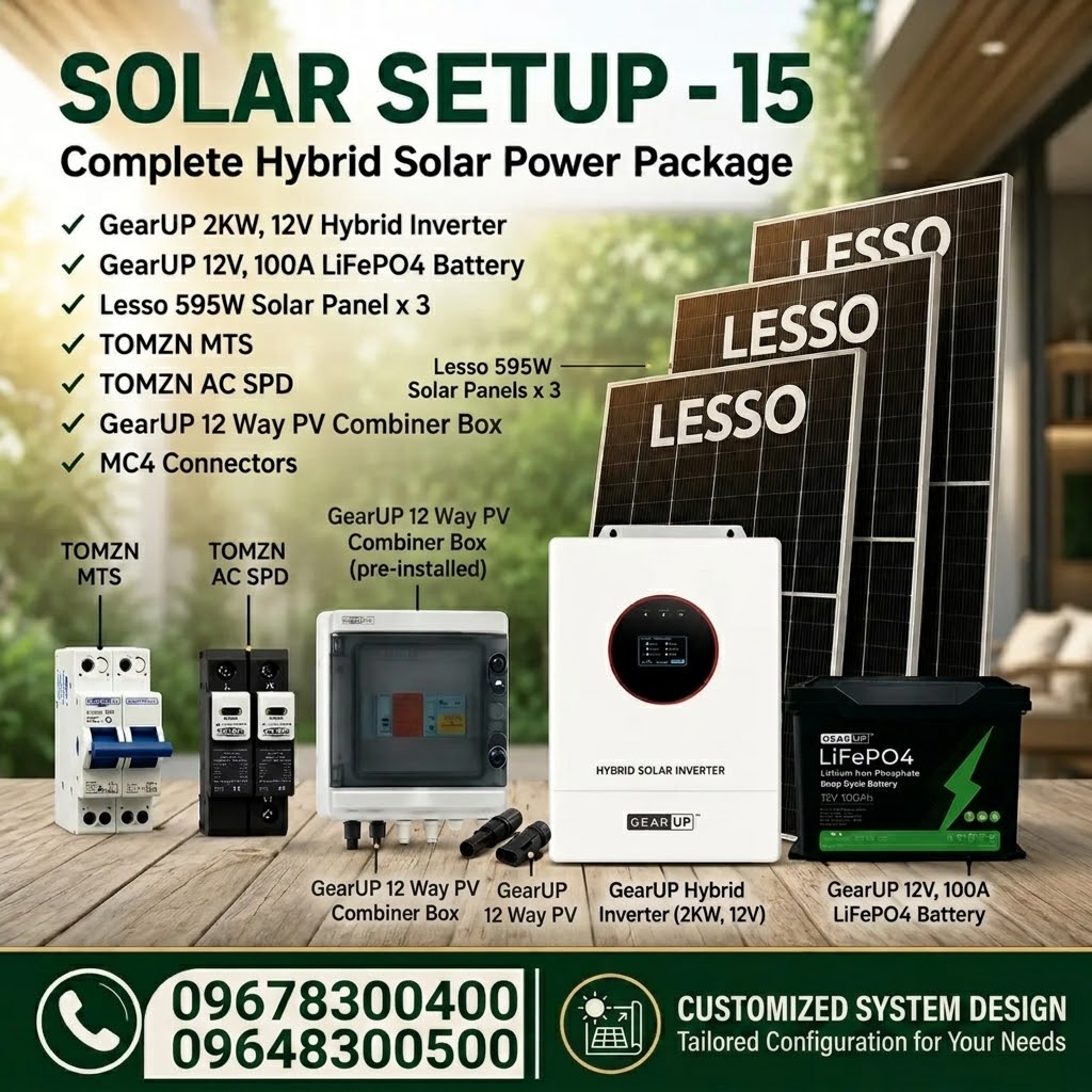 GearUP 2KW Hybrid Solar Power Package | GearUP 2KW Hybrid Inverter &amp; 3 Lesso 595W Panel ( Solar Setup - 15)